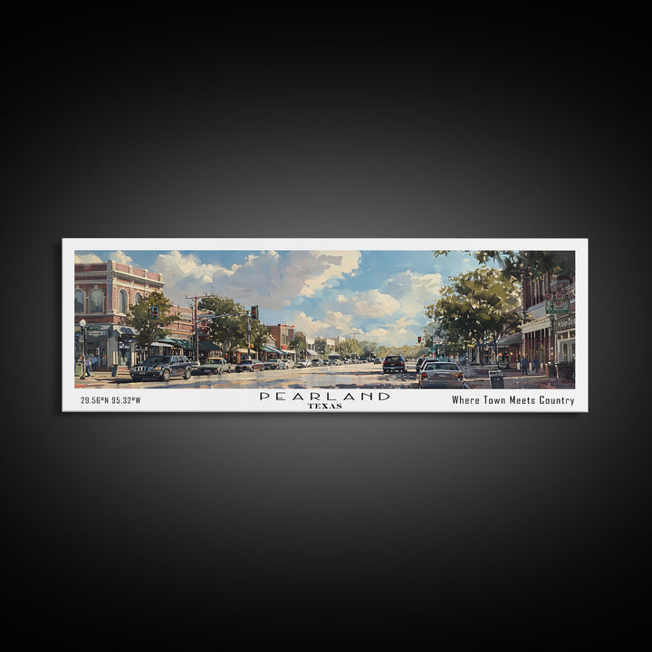 Pearland Texas Panoramic Framed Canvas Print, Cityscape Watercolor Painting, Travel Poster for Home Decor, Urban Art, Unique Gift Idea