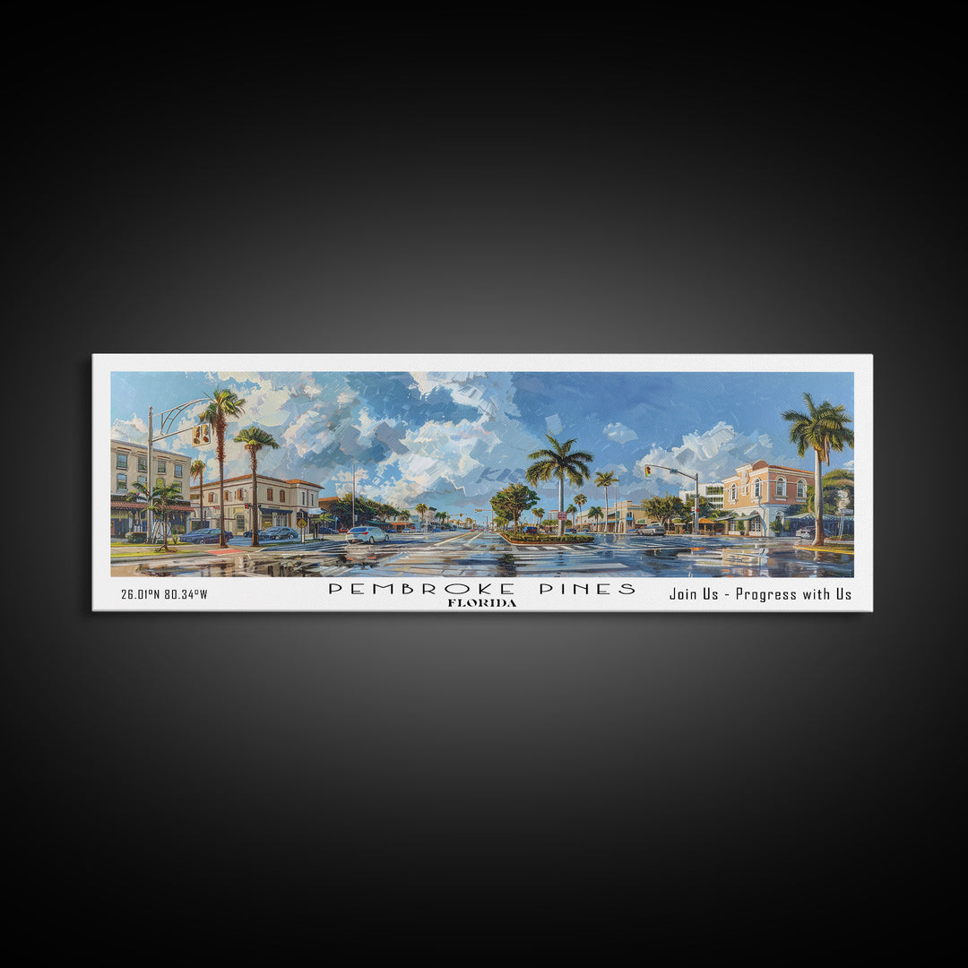 Pembroke Pines Florida Panoramic Painting, Framed Canvas Print, Beautiful Cityscape Watercolor Art, Travel Poster, Modern Home Decor