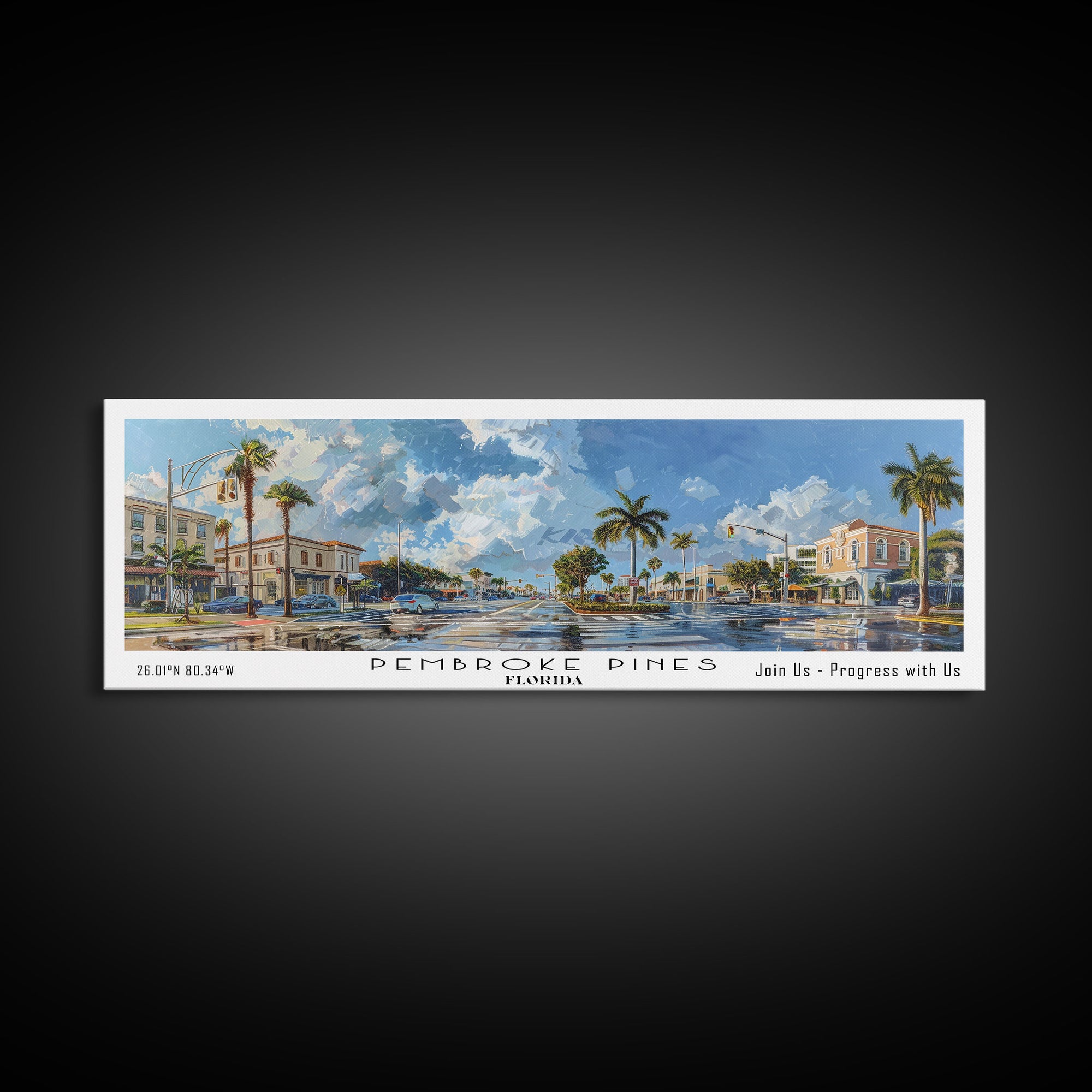 Pembroke Pines Florida Panoramic Painting, Framed Canvas Print, Beautiful Cityscape Watercolor Art, Travel Poster, Modern Home Decor