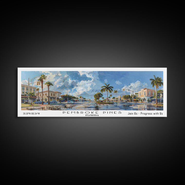 Pembroke Pines Florida Panoramic Painting, Framed Canvas Print, Beautiful Cityscape Watercolor Art, Travel Poster, Modern Home Decor