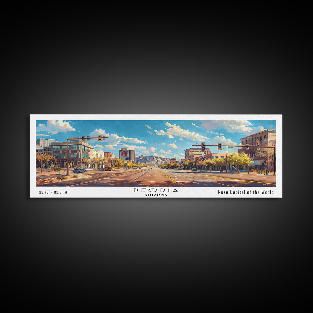 Peoria Arizona Panoramic Framed Canvas Print, Watercolor Cityscape Art, Travel Poster, Home Decor, Urban Gift Idea, Living Room Art
