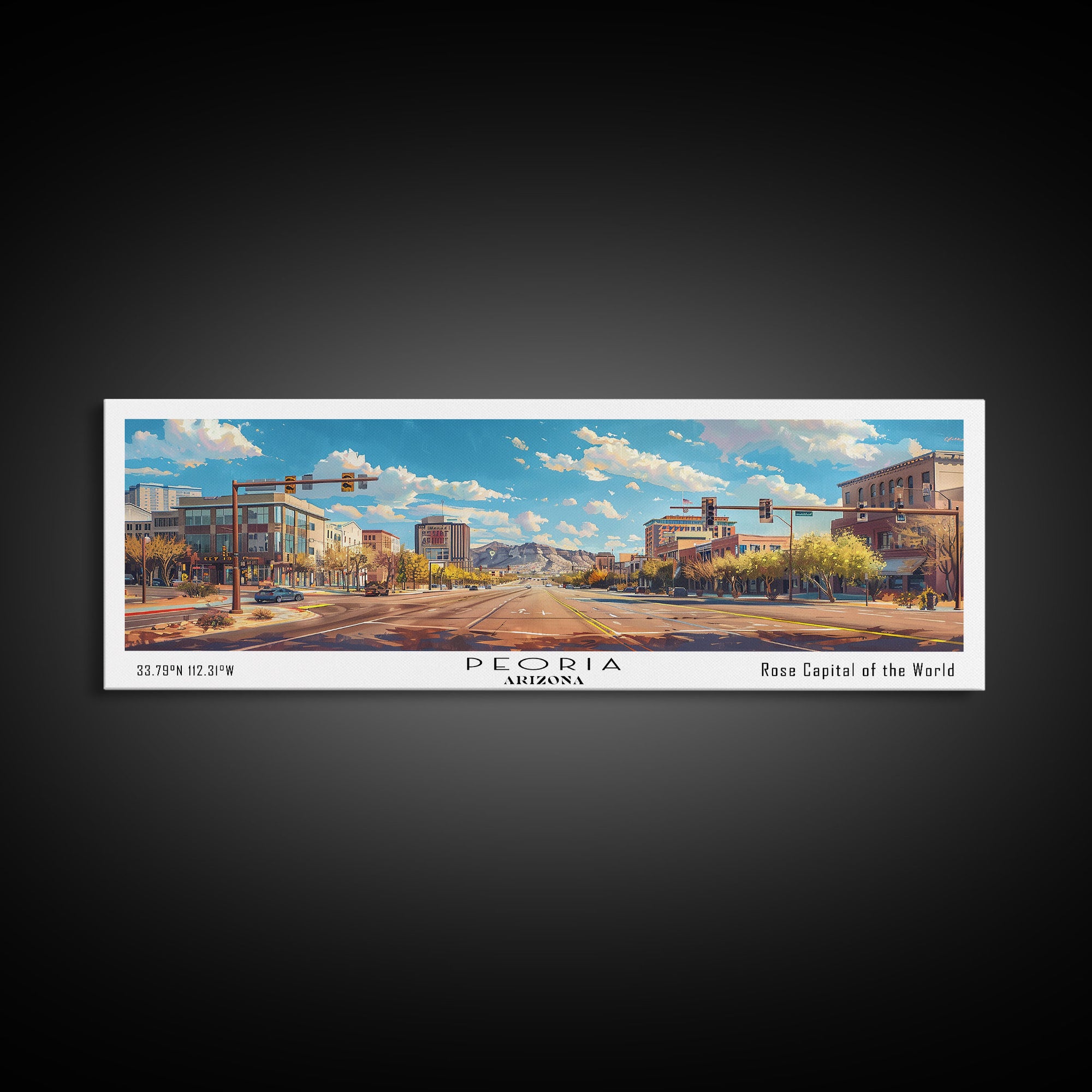 Peoria Arizona Panoramic Framed Canvas Print, Watercolor Cityscape Art, Travel Poster, Home Decor, Urban Gift Idea, Living Room Art