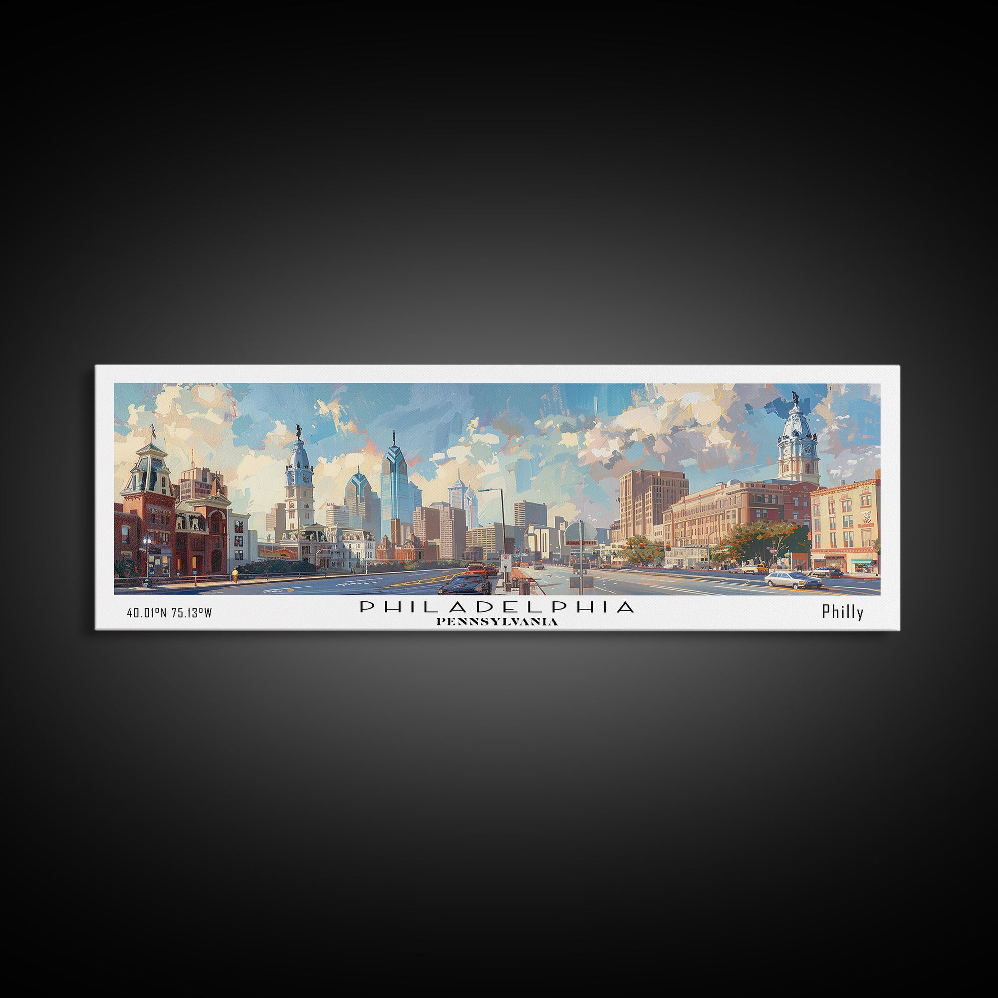 Philadelphia Pennsylvania Panoramic Painting, Framed Canvas Print, Stunning Cityscape Watercolor Art, Travel Poster, Modern Home Decor