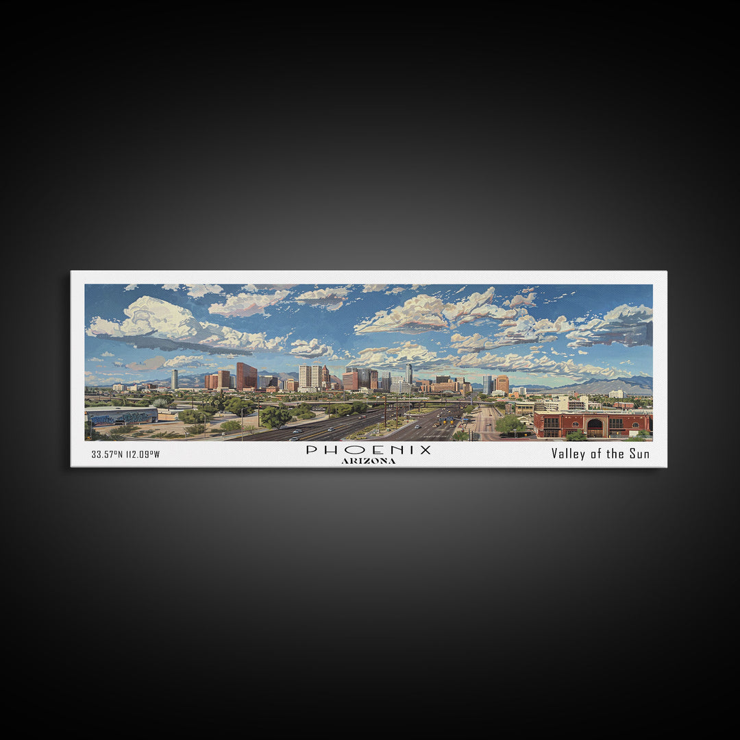 Phoenix Arizona Panoramic Framed Canvas Print, Cityscape Watercolor Painting, Travel Poster for Home Decor, Urban Art, Unique Gift Idea