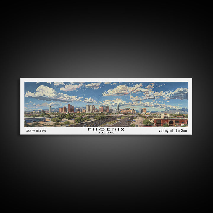 Phoenix Arizona Panoramic Framed Canvas Print, Cityscape Watercolor Painting, Travel Poster for Home Decor, Urban Art, Unique Gift Idea