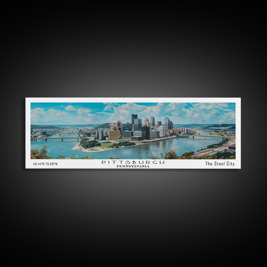 Pittsburgh Pennsylvania Panoramic Painting, Framed Canvas Print, Beautiful Cityscape Watercolor Art, Travel Poster, Modern Home Decor