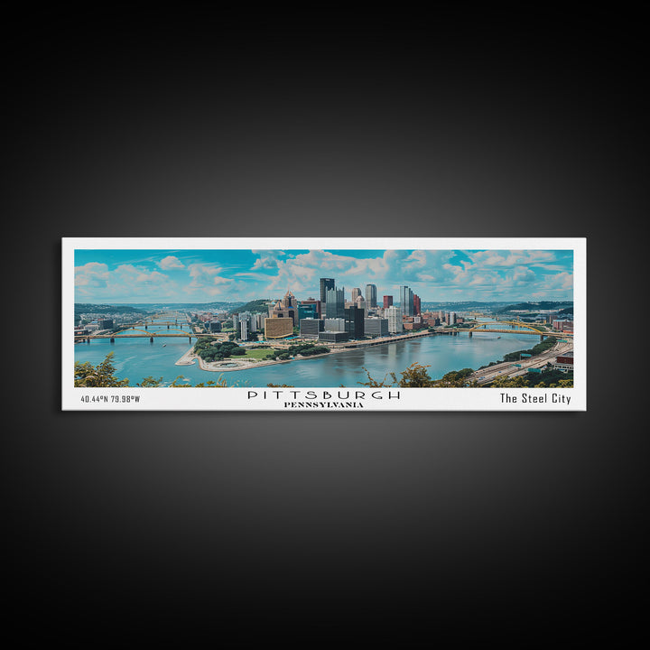 Pittsburgh Pennsylvania Panoramic Painting, Framed Canvas Print, Beautiful Cityscape Watercolor Art, Travel Poster, Modern Home Decor