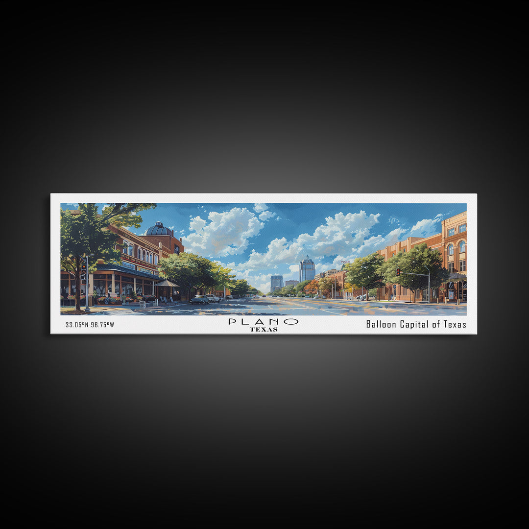 Plano Texas Panoramic Framed Canvas Print, Cityscape Watercolor Painting, Travel Poster for Home Decor, Urban Art, Unique Gift Idea