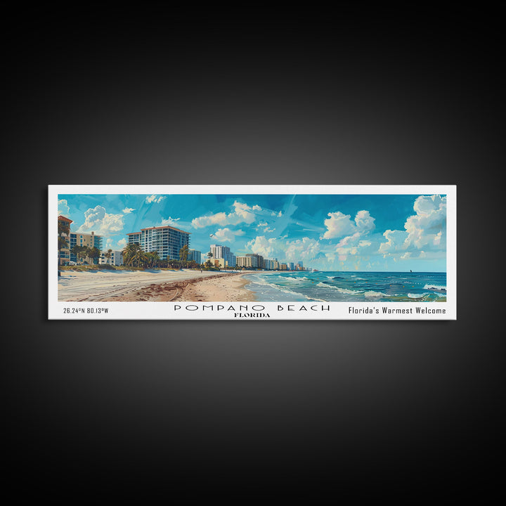 Pompano Beach Florida Panoramic Framed Canvas Print, Watercolor Cityscape Art, Travel Poster, Home Decor, Urban Gift Idea, Living Room Art