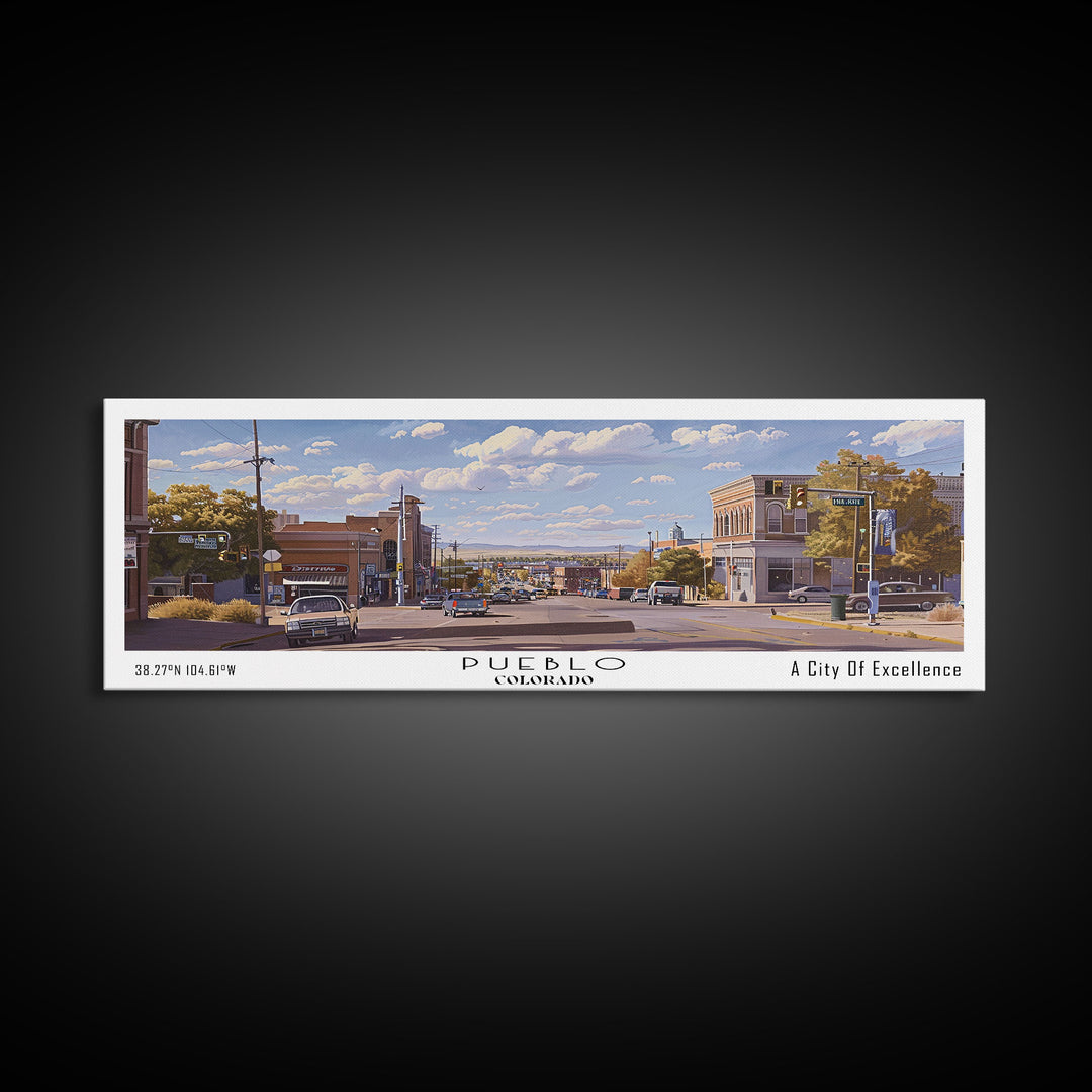 Pueblo Colorado Panoramic Print, Trendy Framed Canvas Print, City Travel Poster, Home Wall Art, Living Room Decor, Artistic Gift