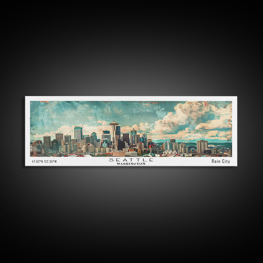 Seattle Washington Travel Poster, Framed Canvas Print, Wall Art, Home Decor, Office Decor, Living Room Art, Travel Gift, Vintage Style