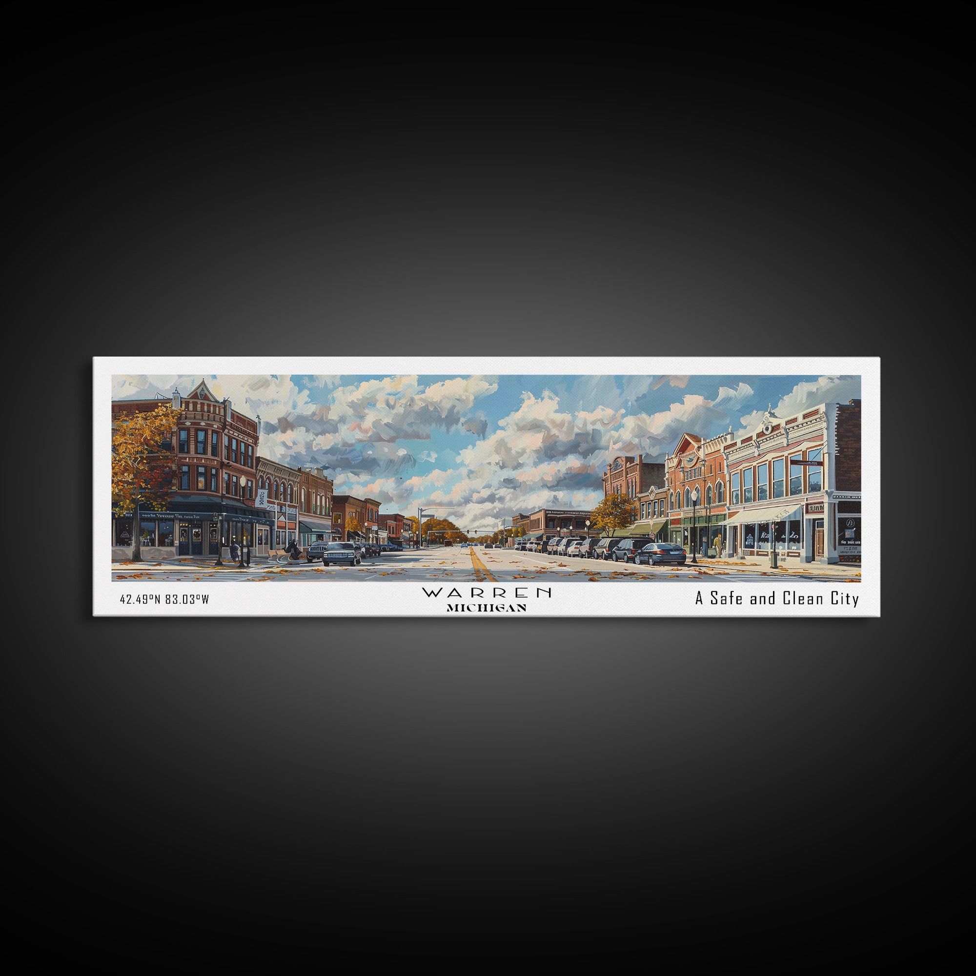 Warren Michigan Panoramic Framed Canvas Print, Vintage Travel Poster, Unique Wall Art, Artistic Home Decor, Office Gift Idea