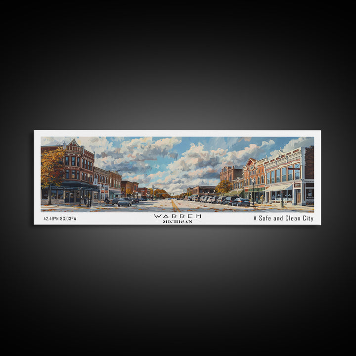 Warren Michigan Panoramic Framed Canvas Print, Vintage Travel Poster, Unique Wall Art, Artistic Home Decor, Office Gift Idea