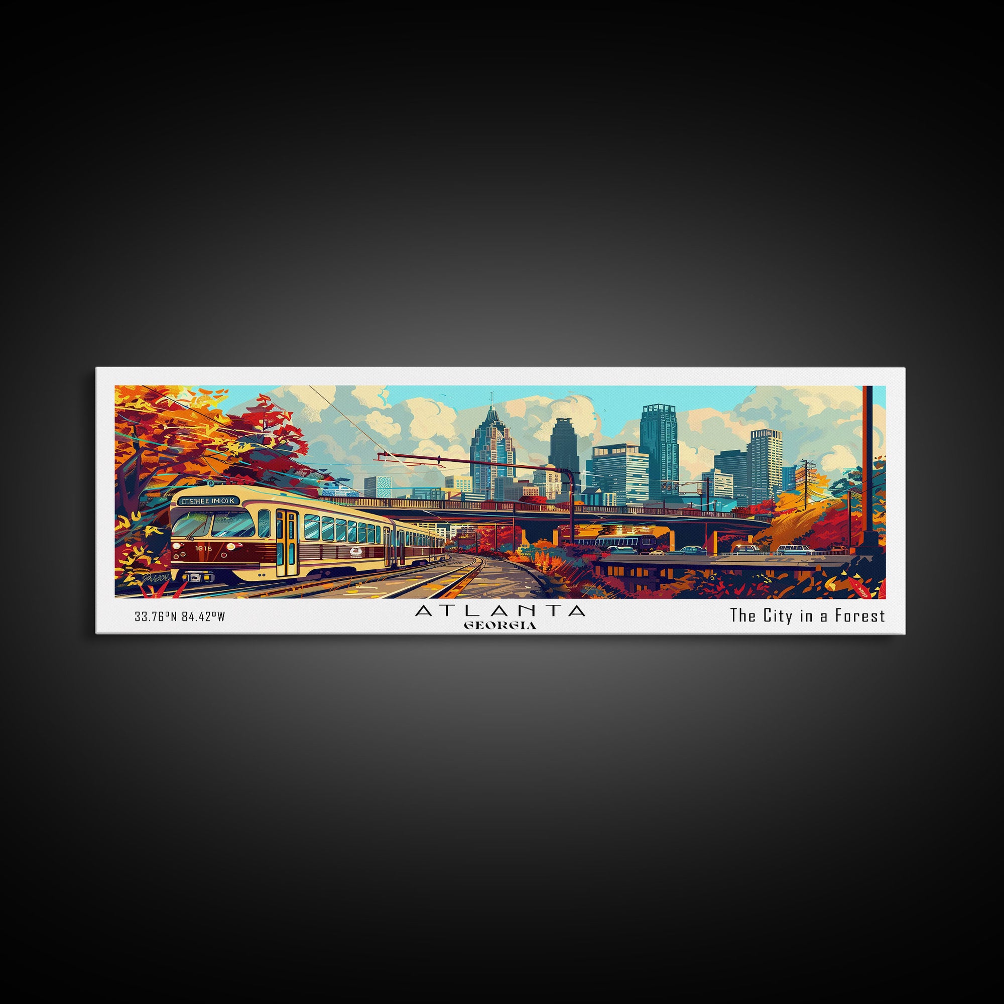 Atlanta Georgia Panoramic Wall Art Framed Canvas Print, Mid Century Modern Art, Pop Art Style, Travel Poster, Home Decor, Wall Hanging