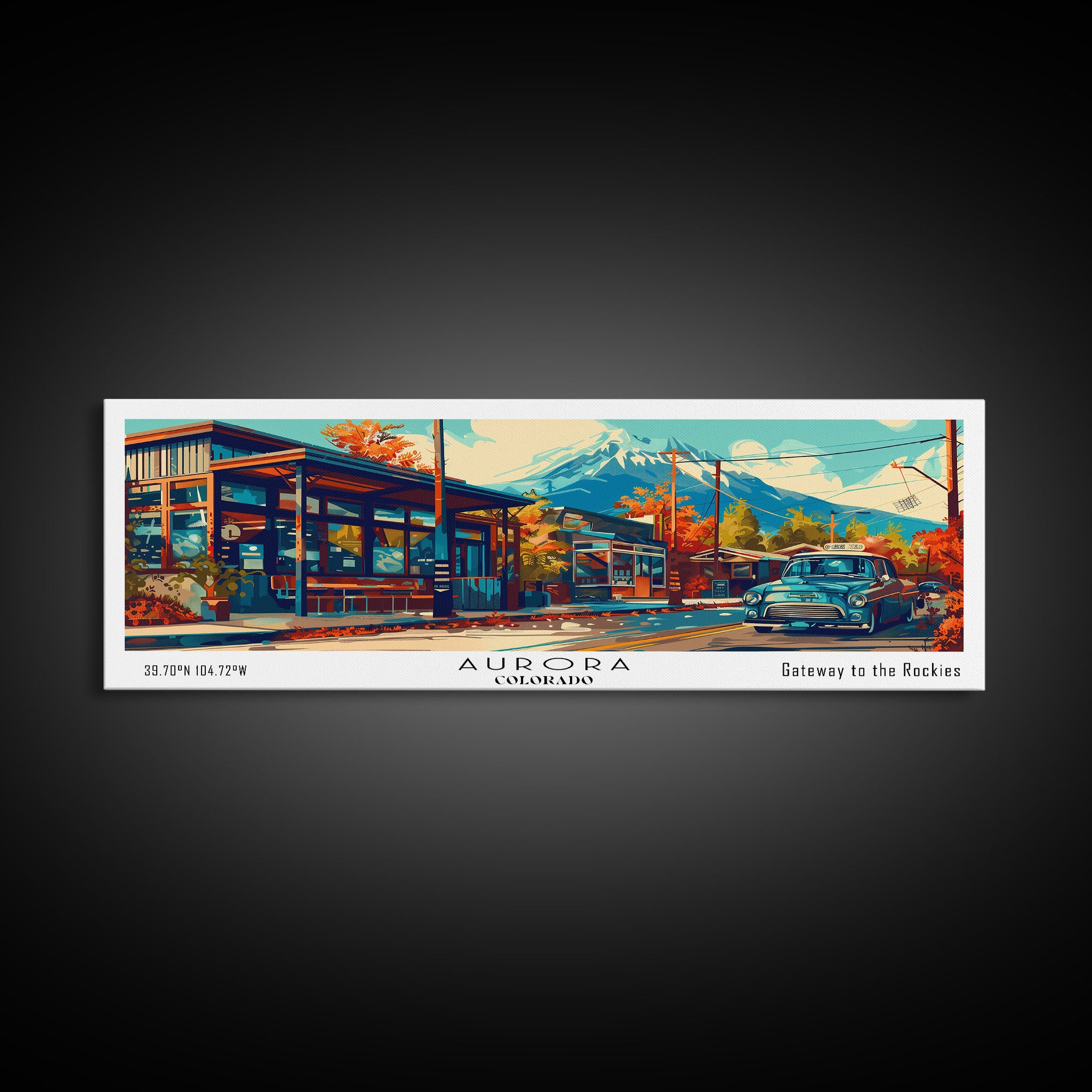 Aurora Colorado Panoramic Painting Framed Canvas Print, Mid Century Modern Art, Pop Art Style, Travel Poster, Wall Art Decor, Retro Style