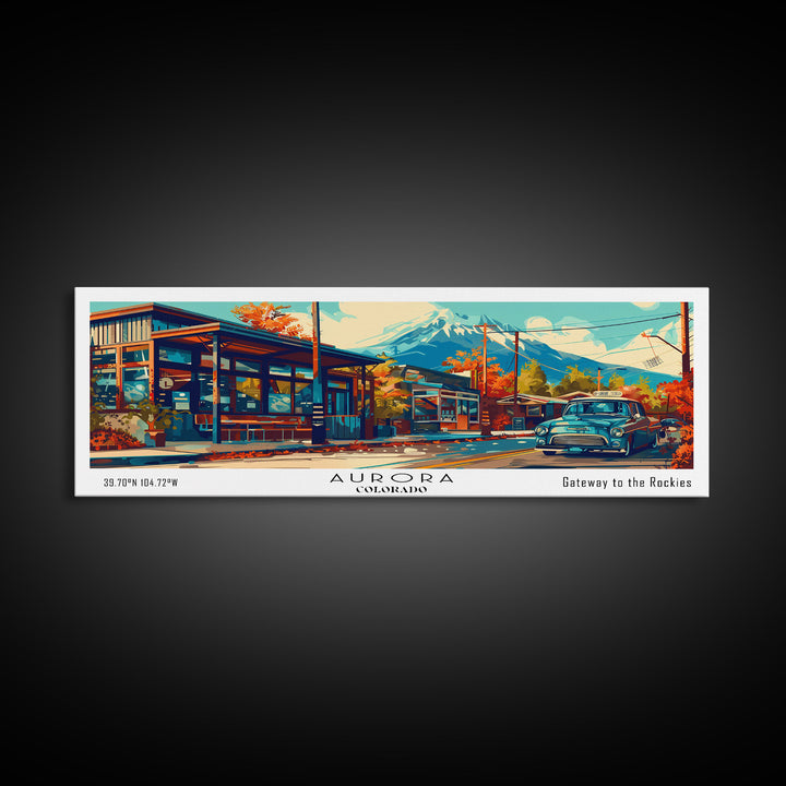 Aurora Colorado Panoramic Painting Framed Canvas Print, Mid Century Modern Art, Pop Art Style, Travel Poster, Wall Art Decor, Retro Style