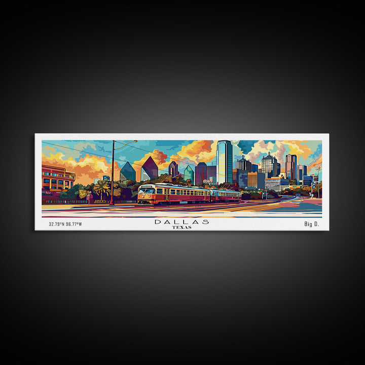 Dallas Texas Panoramic Wall Art Framed Canvas Print, Mid Century Modern Art, Pop Art Style, Travel Poster, Home Decor, Wall Hanging