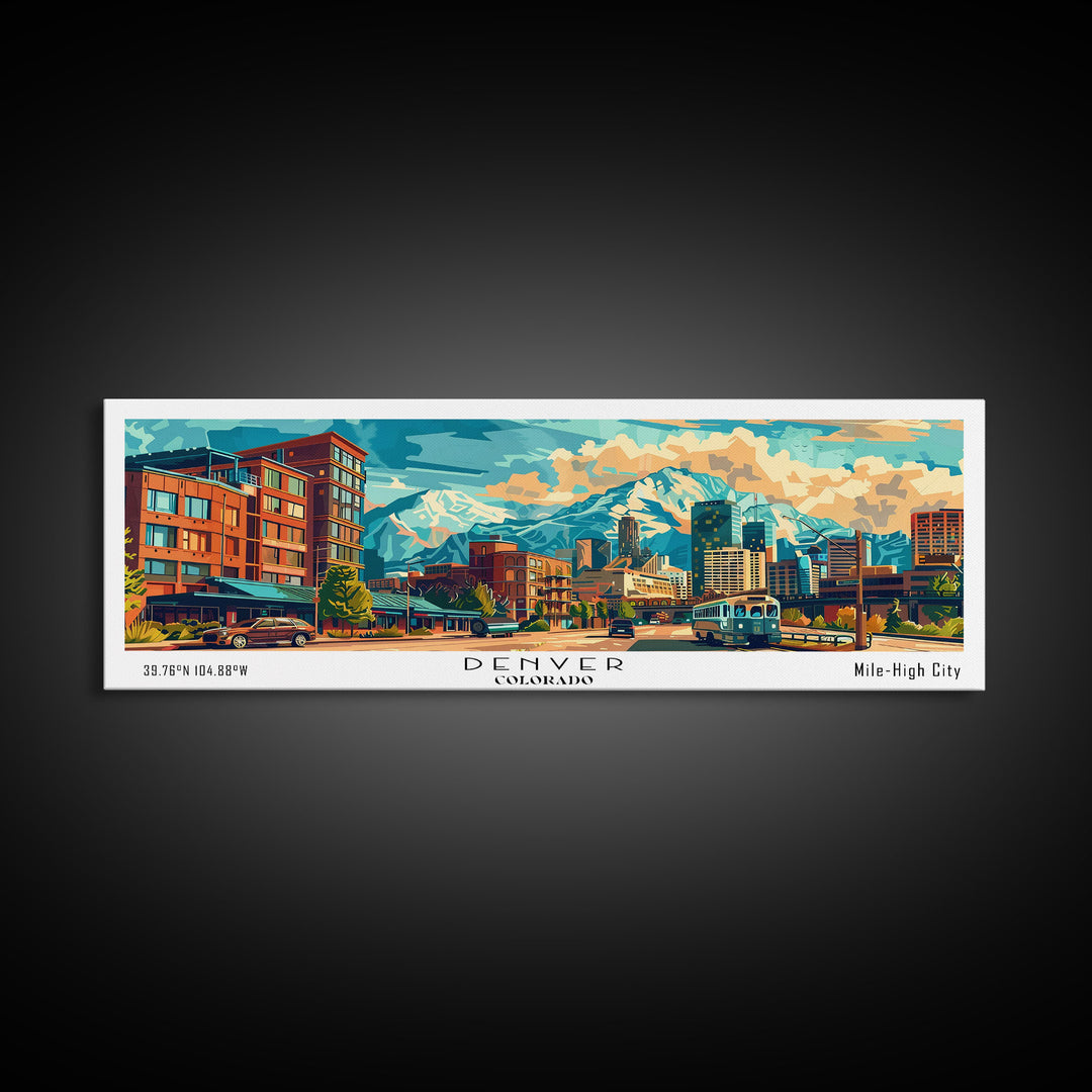 Denver Colorado Panoramic Painting Framed Canvas Print, Mid Century Modern Art, Pop Art Style, Travel Poster, Wall Art Decor, Retro Style