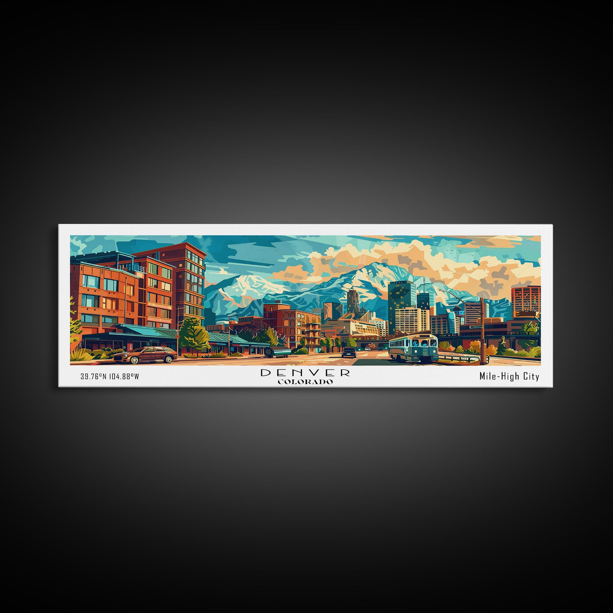 Denver Colorado Panoramic Painting Framed Canvas Print, Mid Century Modern Art, Pop Art Style, Travel Poster, Wall Art Decor, Retro Style