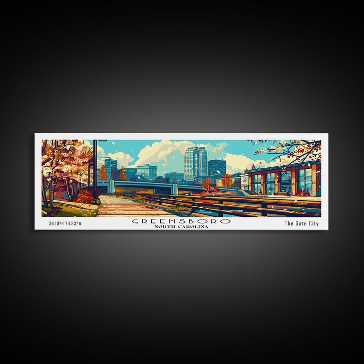 Greensboro North Carolina Panoramic Travel Poster Framed Canvas Print, Mid Century Modern Art, Pop Art Style, Wall Art Decor, Home Decoration