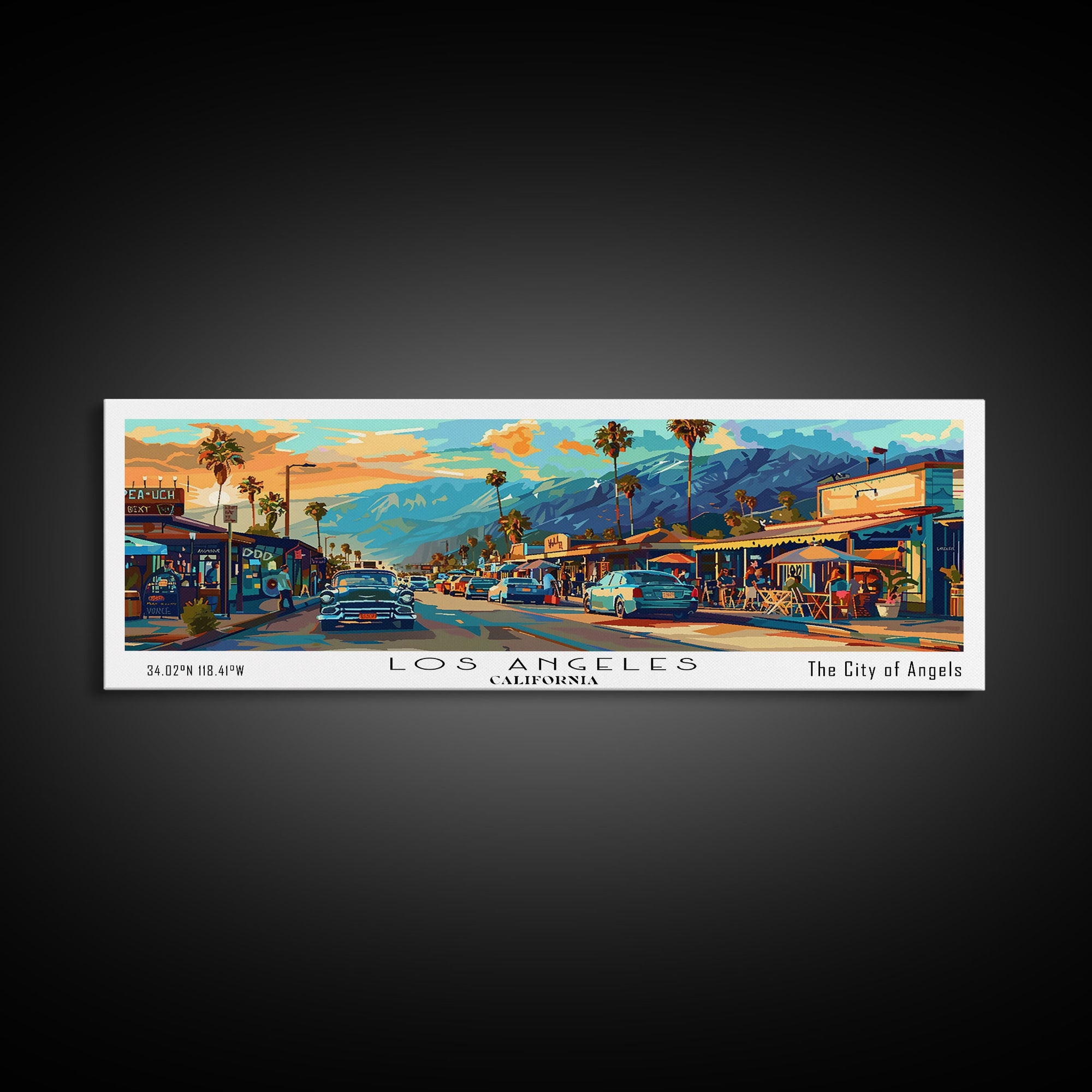 Los Angeles California Panoramic Framed Canvas Print, Mid Century Modern Wall Art, Pop Art Home Decor, Retro Style Travel Poster