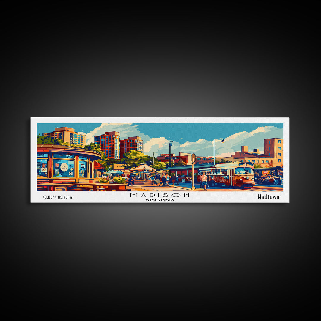 Madison Wisconsin Panoramic Painting, Mid Century Modern Framed Canvas Print, Retro Style Wall Art, Pop Art Travel Poster