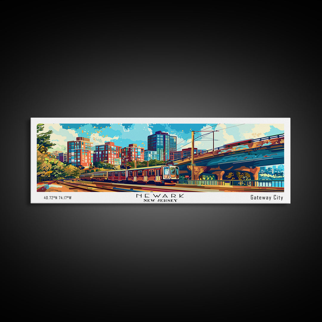Newark New Jersey Panoramic Painting, Retro Style Framed Canvas Print, Mid Century Modern Wall Art, Pop Art Travel Poster