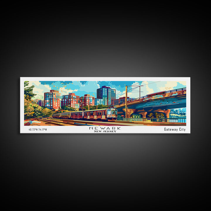 Newark New Jersey Panoramic Painting, Retro Style Framed Canvas Print, Mid Century Modern Wall Art, Pop Art Travel Poster