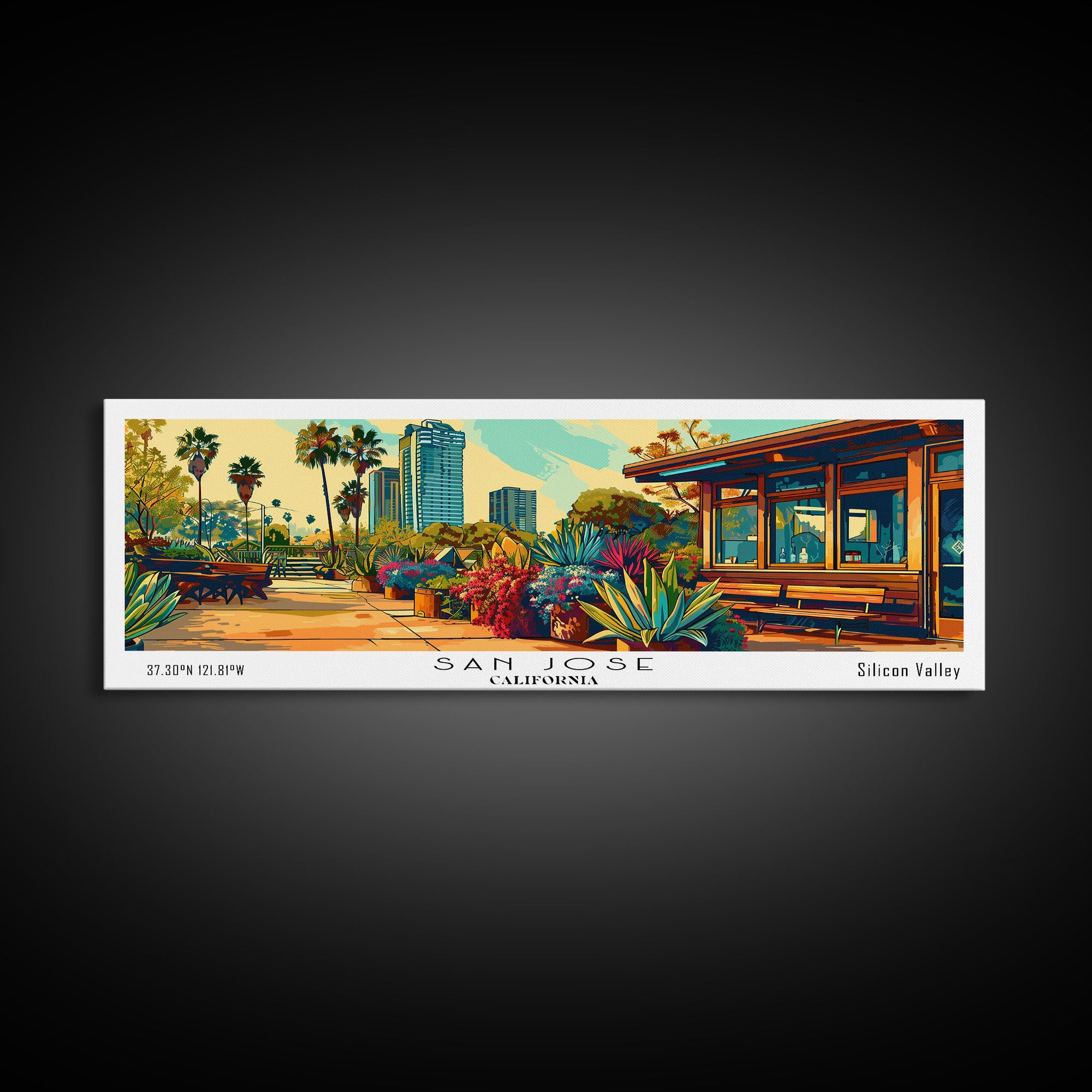 San Jose California Panoramic Wall Art, Mid Century Modern Framed Canvas Print, Retro Pop Art Travel Poster, Home Decor