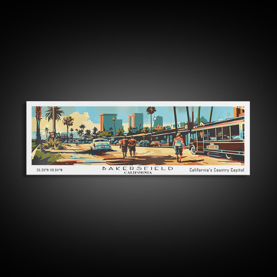Bakersfield California Panoramic Wall Art, Mid Century Modern Framed Canvas Print, Retro Pop Art Travel Poster, Office Wall Art, Living Room Decor