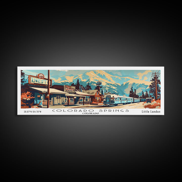 Colorado Springs Colorado Panoramic Painting, Mid Century Modern Framed Canvas Print, Retro Pop Art Travel Poster, Wall Decor, Gift Idea, Home Decor