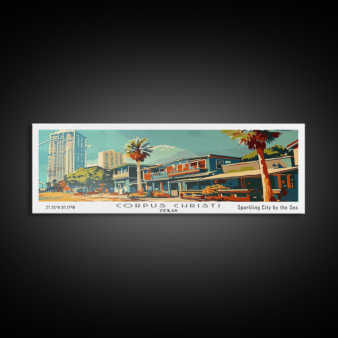 Corpus Christi Texas Panoramic Painting, Mid Century Modern Framed Canvas Print, Retro Pop Art Travel Poster, Wall Decor, Home Decor, Wall Hanging