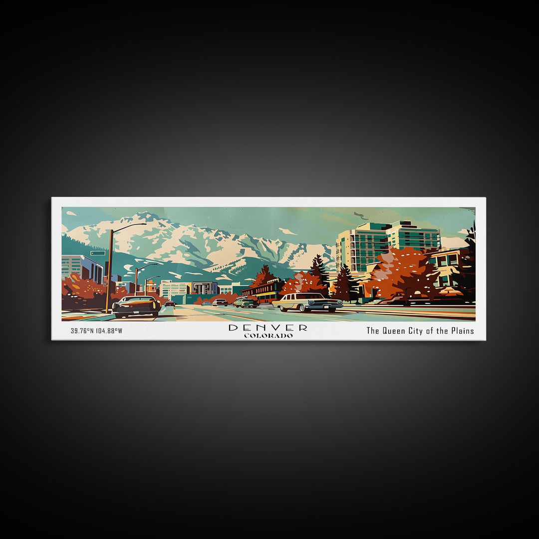 Denver Colorado Panoramic Painting, Mid Century Modern Framed Canvas Print, Retro Pop Art Travel Poster, Wall Art, Home Decor, Office Wall Art