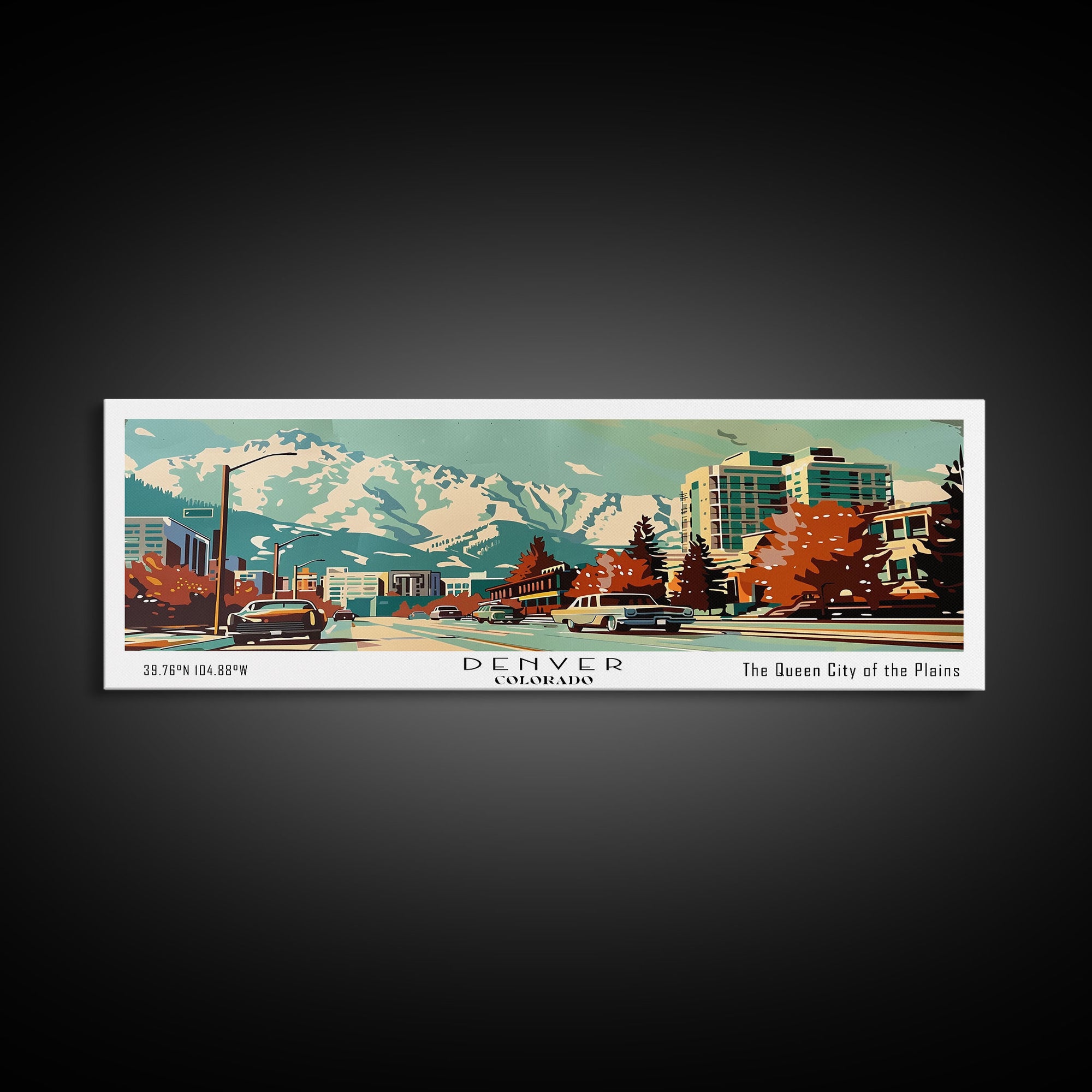 Denver Colorado Panoramic Painting, Mid Century Modern Framed Canvas Print, Retro Pop Art Travel Poster, Wall Art, Home Decor, Office Wall Art