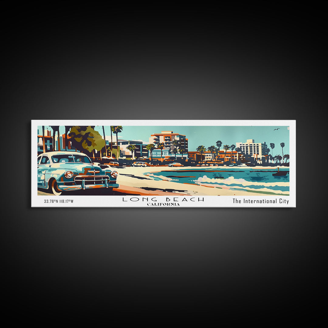 Long Beach California Panoramic Painting, Mid Century Modern Framed Canvas Print, Retro Pop Art Travel Poster, Living Room Wall Art, Home Decor, Vintage Style