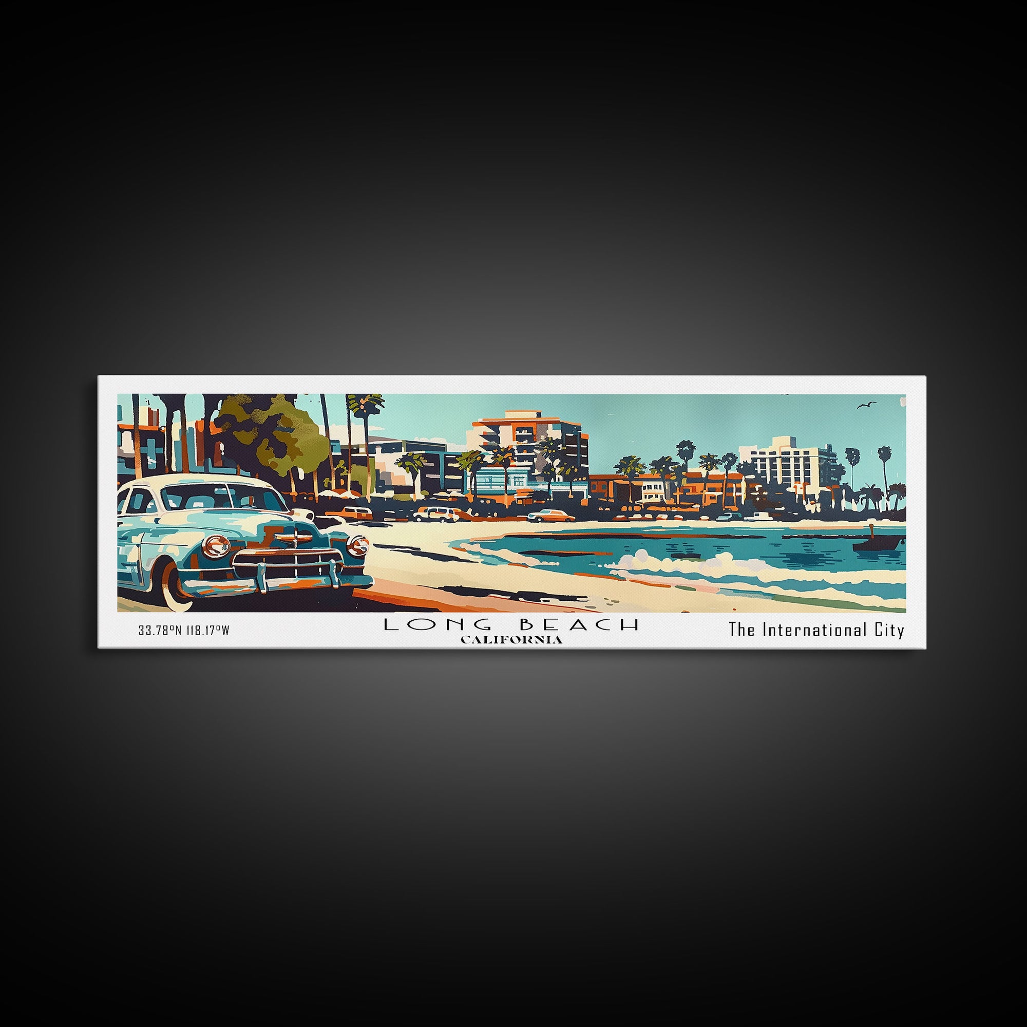Long Beach California Panoramic Painting, Mid Century Modern Framed Canvas Print, Retro Pop Art Travel Poster, Living Room Wall Art, Home Decor, Vintage Style