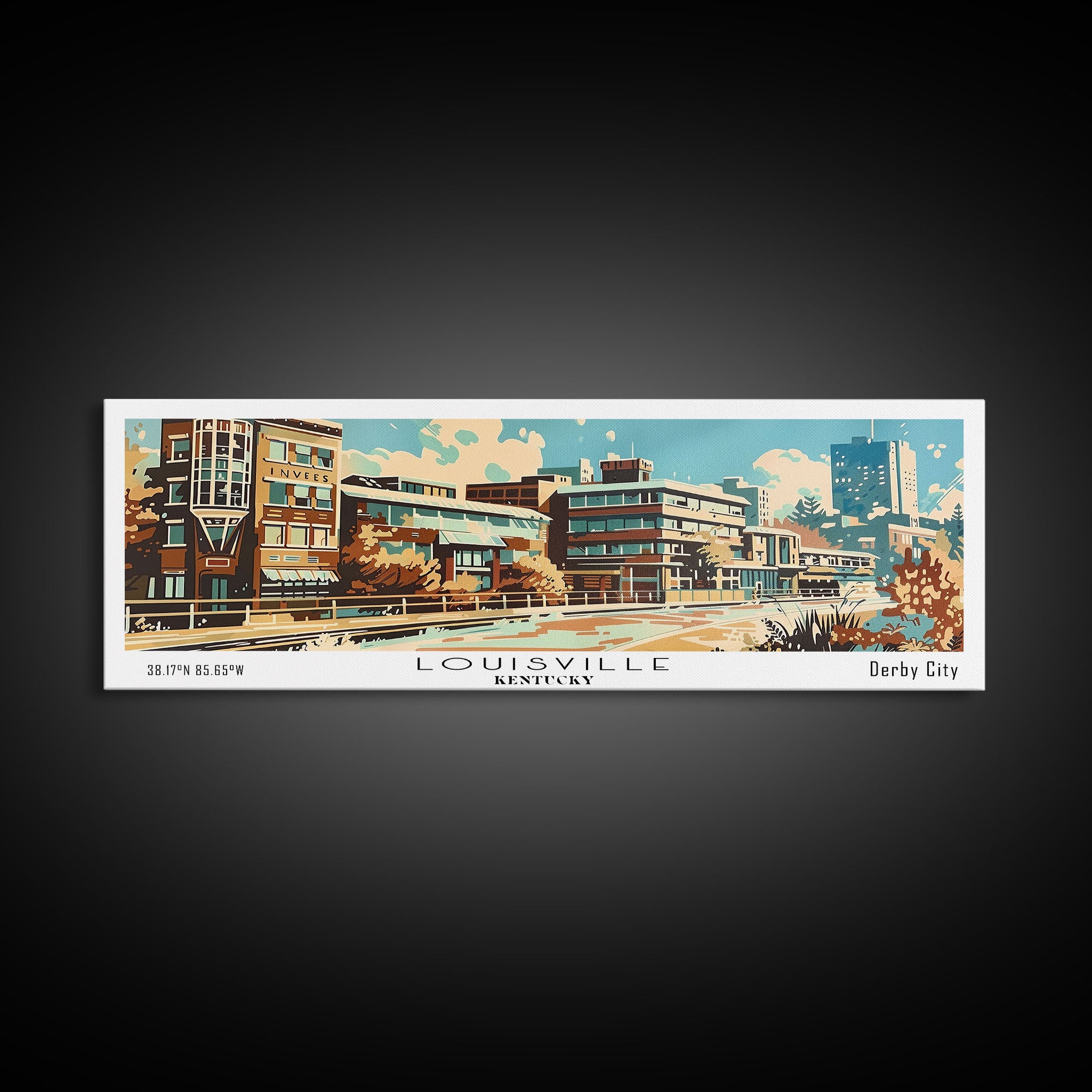 Louisville Kentucky Panoramic Painting, Mid Century Modern Framed Canvas Print, Retro Pop Art Travel Poster, Living Room Art, Home Decor, Office Decor, Vintage Style