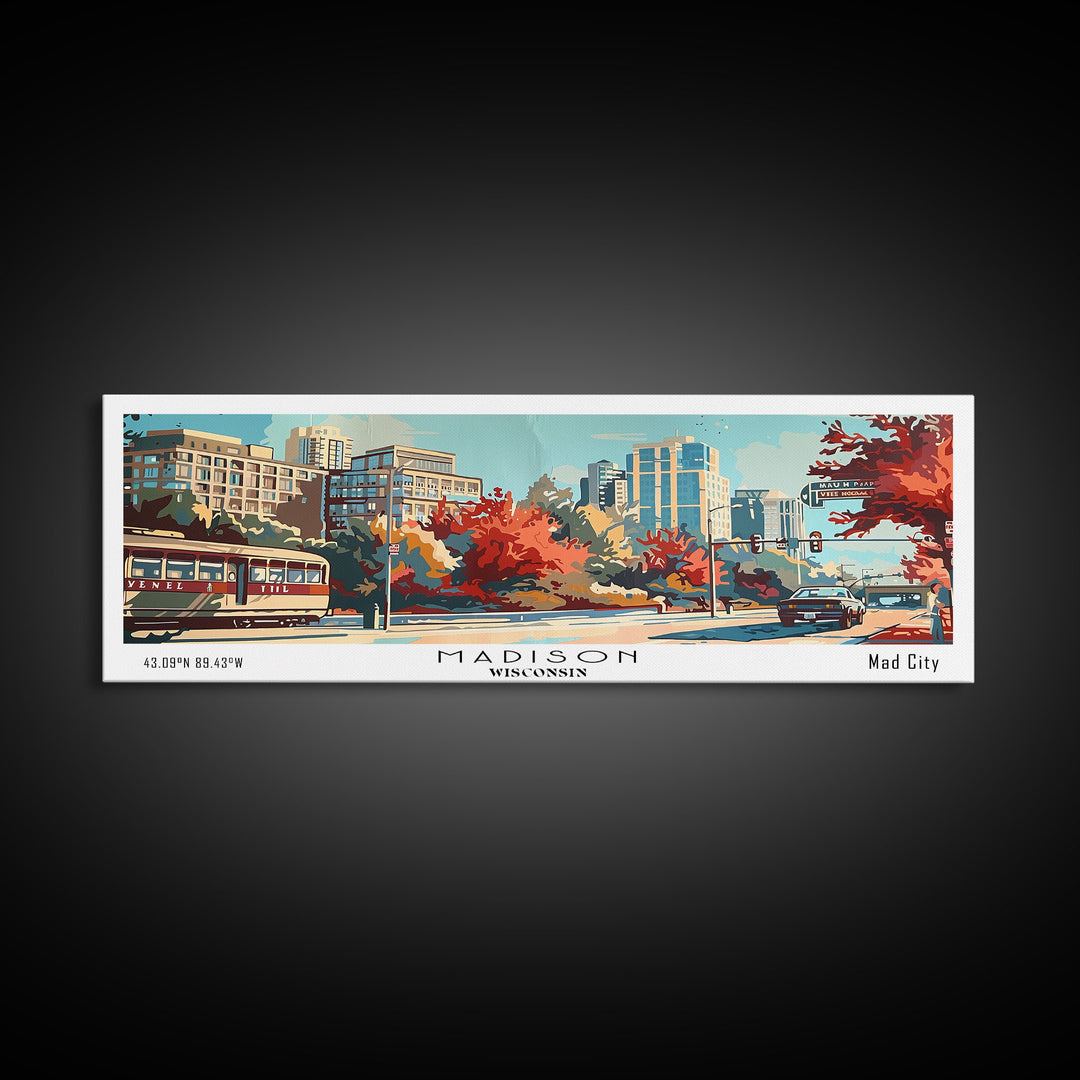 Madison Wisconsin Panoramic Painting, Mid Century Modern Framed Canvas Print, Retro Pop Art Travel Poster, Wall Art, Home Decor, Office Wall Art, Living Room Decor