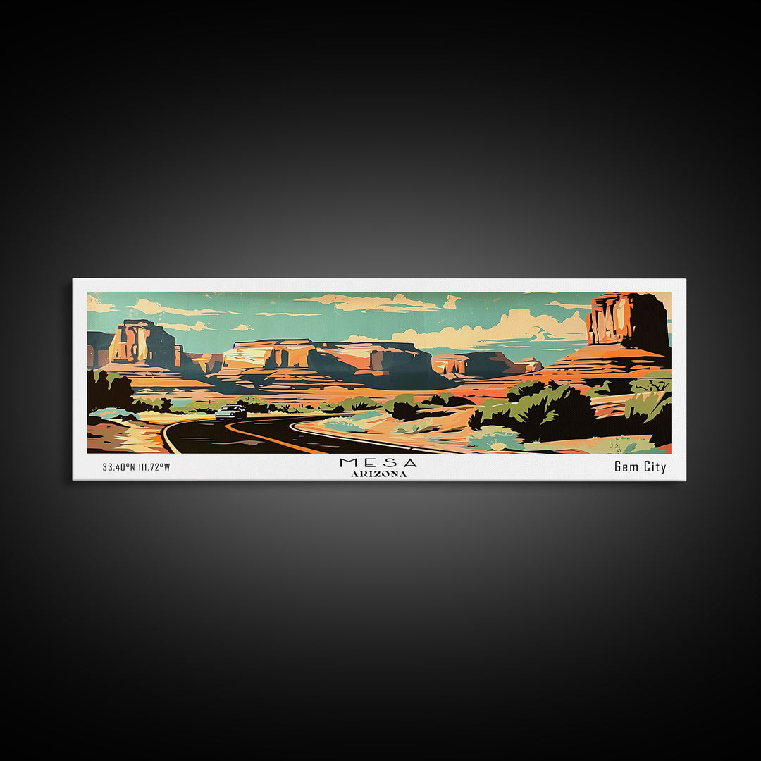Mesa Arizona Panoramic Painting, Mid Century Modern Framed Canvas Print, Retro Pop Art Travel Poster, Living Room Art, Home Decor, Office Wall Art, Vintage Style