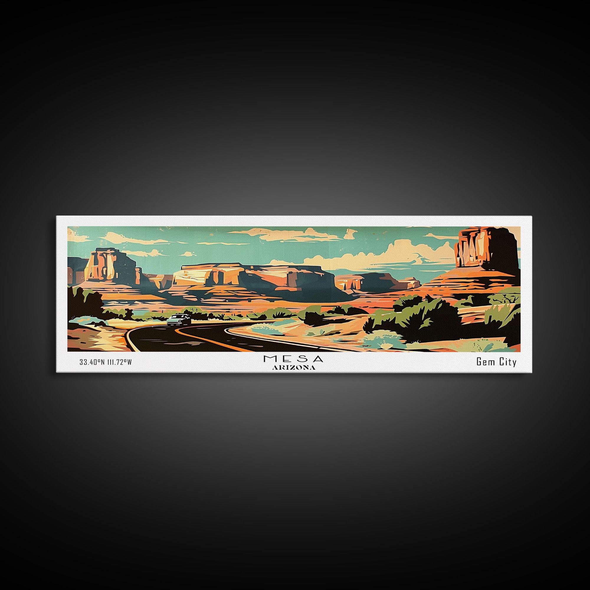 Mesa Arizona Panoramic Painting, Mid Century Modern Framed Canvas Print, Retro Pop Art Travel Poster, Living Room Art, Home Decor, Office Wall Art, Vintage Style