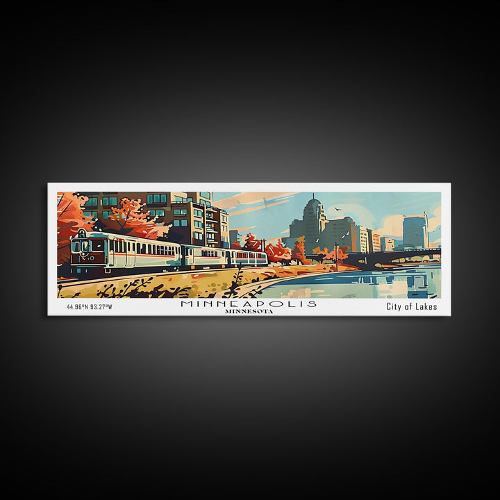 Minneapolis Minnesota Panoramic Painting, Mid Century Modern Framed Canvas Print, Retro Pop Art Travel Poster, Living Room Art, Home Decor, Office Wall Art, Vintage Style