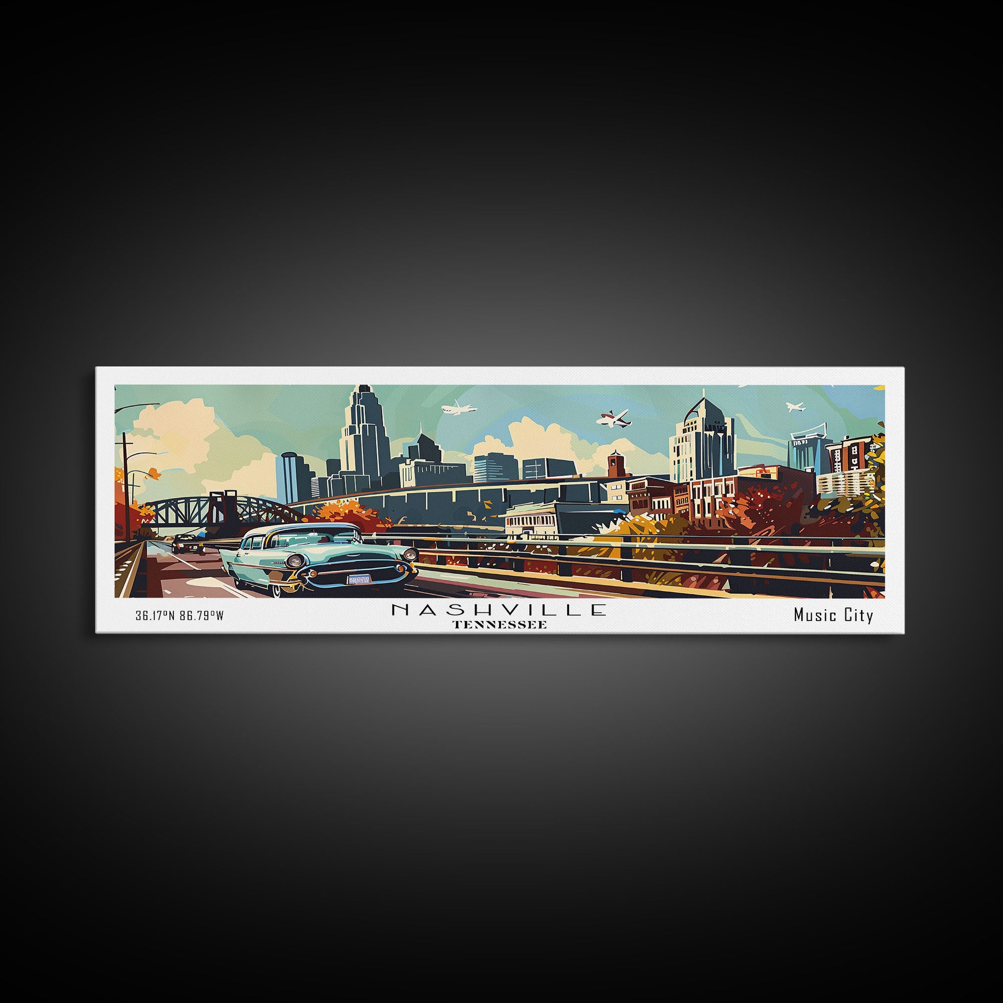 Nashville Tennessee Panoramic Painting, Mid Century Modern Framed Canvas Print, Retro Pop Art Travel Poster, Living Room Art, Home Decor, Office Wall Art, Vintage Style