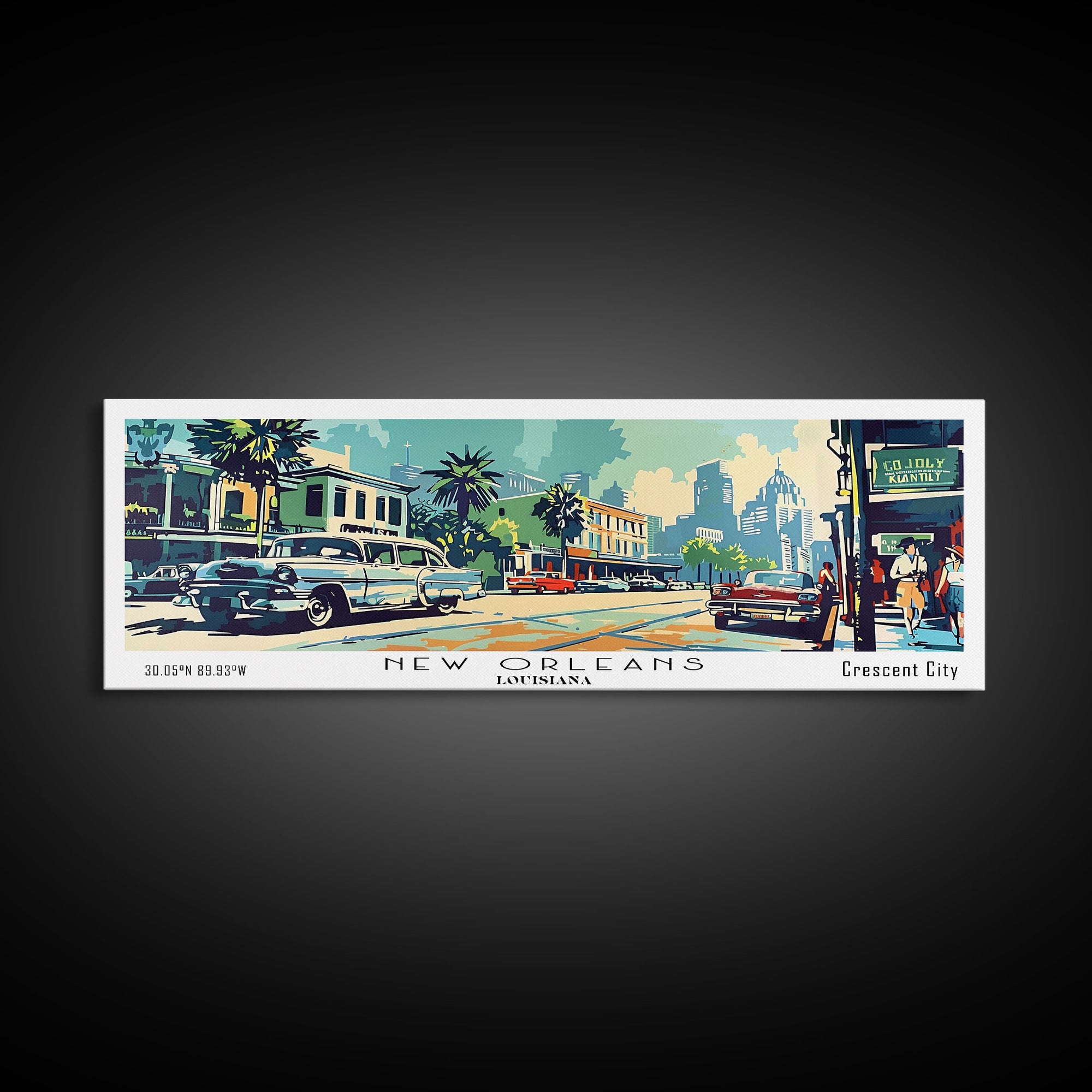 New Orleans Louisiana Panoramic Painting, Mid Century Modern Framed Canvas Print, Retro Pop Art Travel Poster, Living Room Art, Home Decor, Office Wall Art, Vintage Style