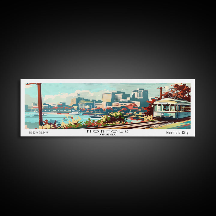 Norfolk Virginia Panoramic Painting, Mid Century Modern Framed Canvas Print, Retro Pop Art Travel Poster, Living Room Art, Home Decor, Office Wall Art, Vintage Style