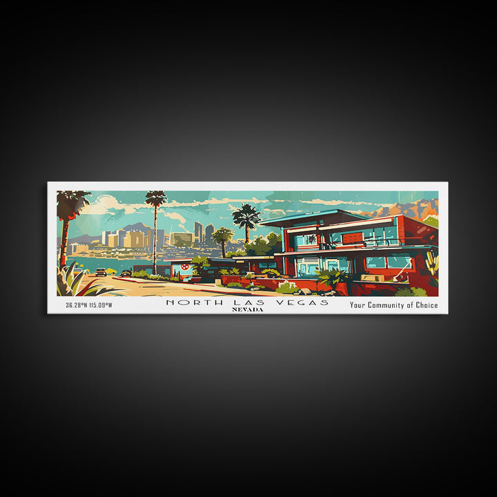 North Las Vegas Nevada Panoramic Wall Art, Mid Century Modern Framed Canvas Print, Retro Pop Art Travel Poster, Home Decor, Office Art, Gift Idea, Living Room Wall Hanging
