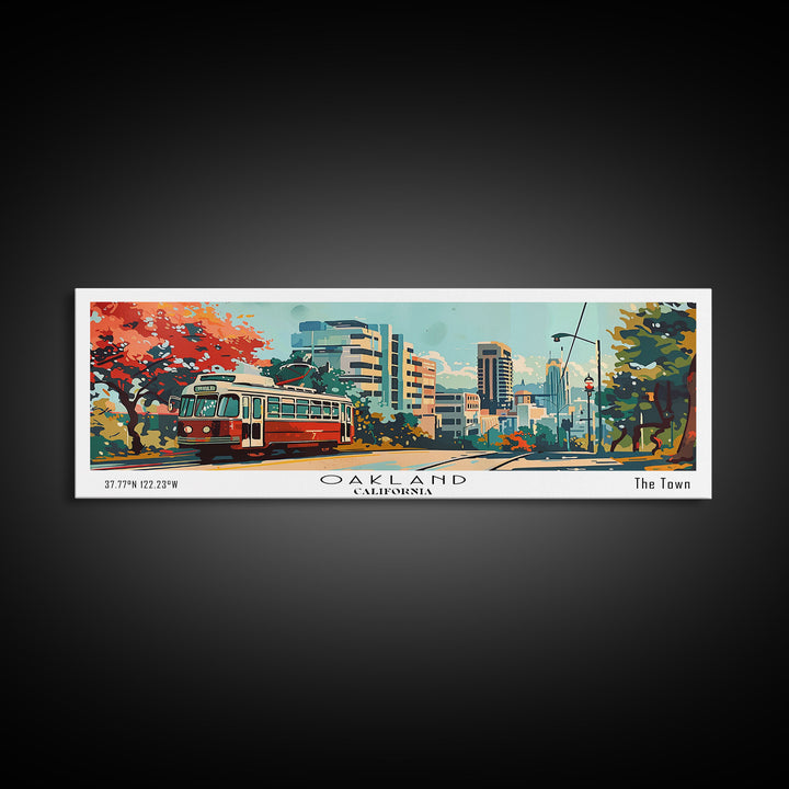 Oakland California Panoramic Painting, Mid Century Modern Framed Canvas Print, Retro Pop Art Travel Poster, Living Room Art, Home Decor, Office Wall Art, Vintage Style