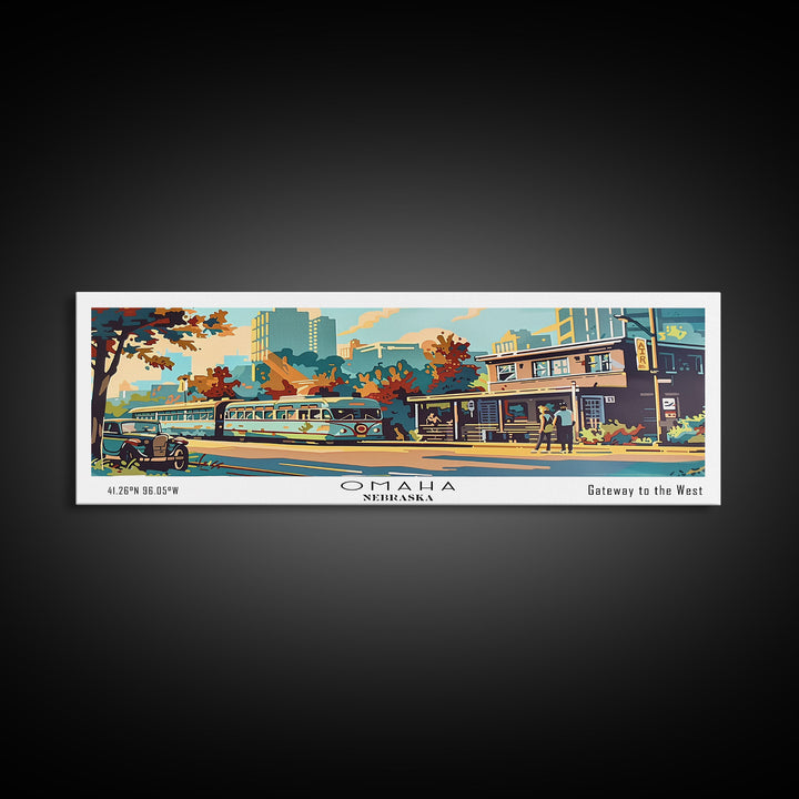 Omaha Nebraska Panoramic Painting, Mid Century Modern Framed Canvas Print, Retro Pop Art Travel Poster, Living Room Art, Home Decor, Office Wall Art, Vintage Style