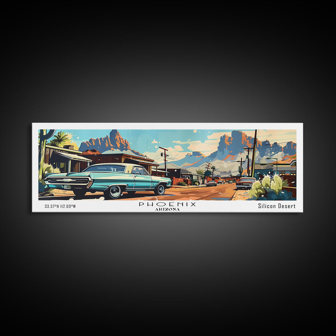 Phoenix Arizona Panoramic Painting, Retro Style Framed Canvas Print, Mid Century Modern Art, Pop Art Travel Poster, Home Office Decor