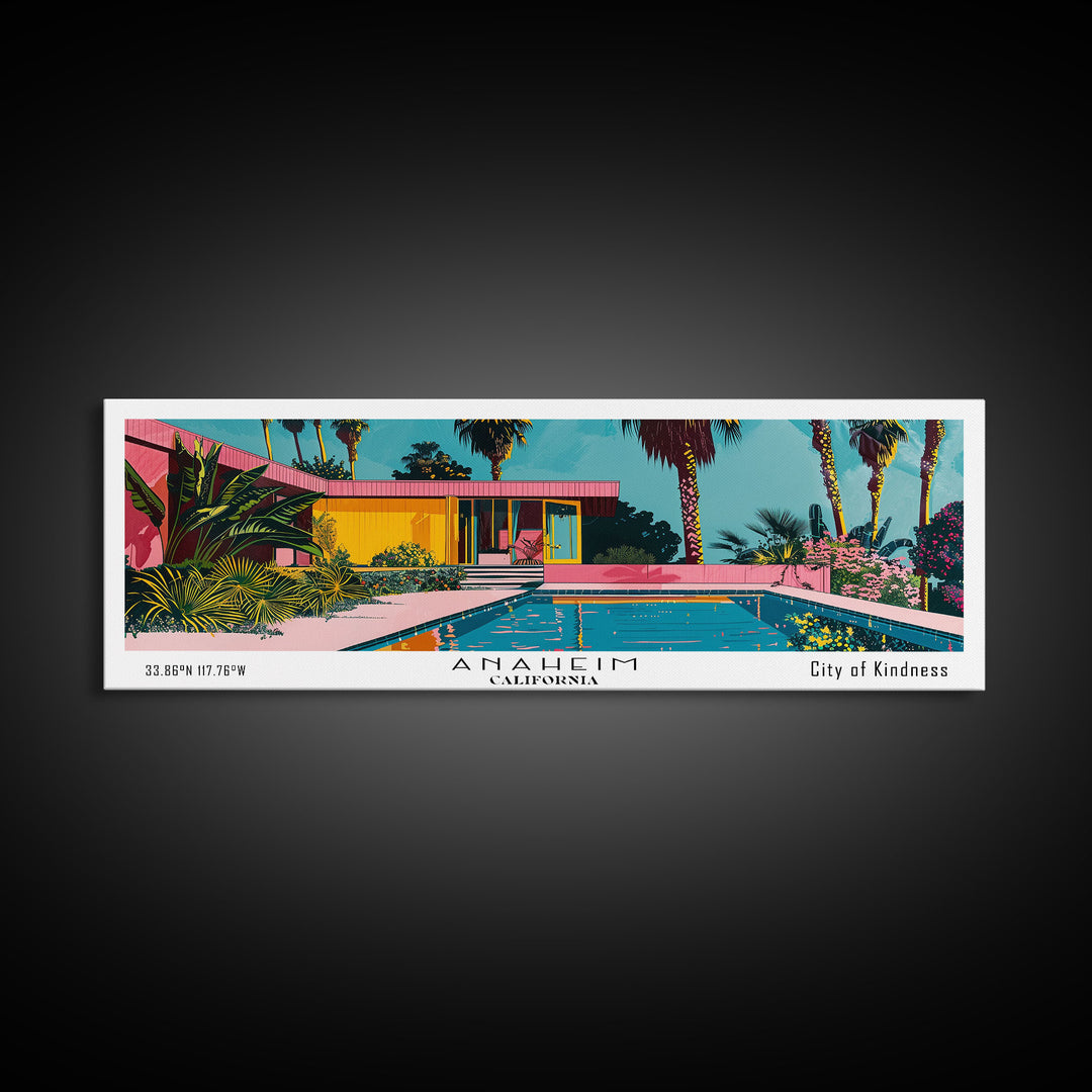 Anaheim California Panoramic Painting, Mid Century Modern Framed Canvas Print, Retro Pop Art Travel Poster, Office Wall Art, City Print