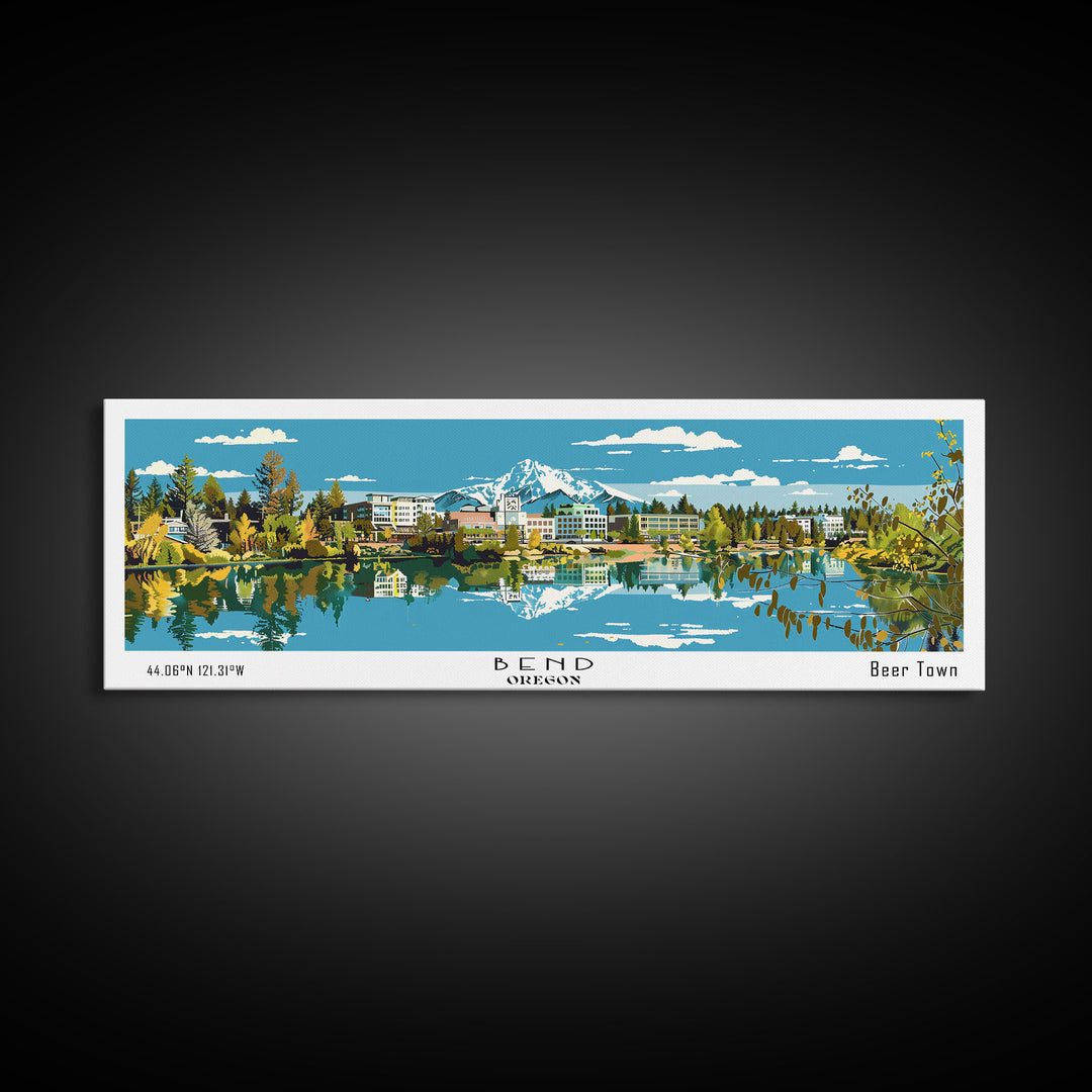 Bend Oregon Panoramic Painting, Mid Century Modern Framed Canvas Print, Retro Pop Art Travel Poster, City Wall Art Decor, Office Art